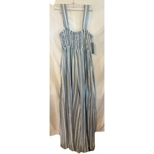 Tractr Women Smocked Wide Leg Jumpsuit Size 14/32 Striped Indigo Blue White
